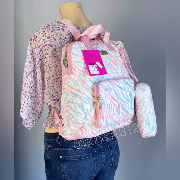 BETSEY JOHNSON Bag LBWILLA Backpack with Pencil Case - White Rainbow Zebra Print - Picture 7 of 8